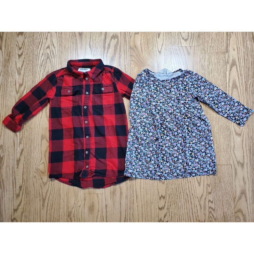 Old Navy, H&M 4T Lot o 2 Long Sleeve Dresses Red Black Plaid Flannel Flowers EUC
